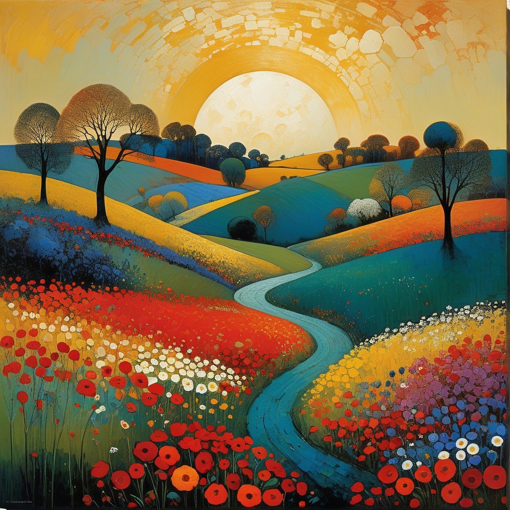 Vibrant Landscape with Colorful Flowers and River