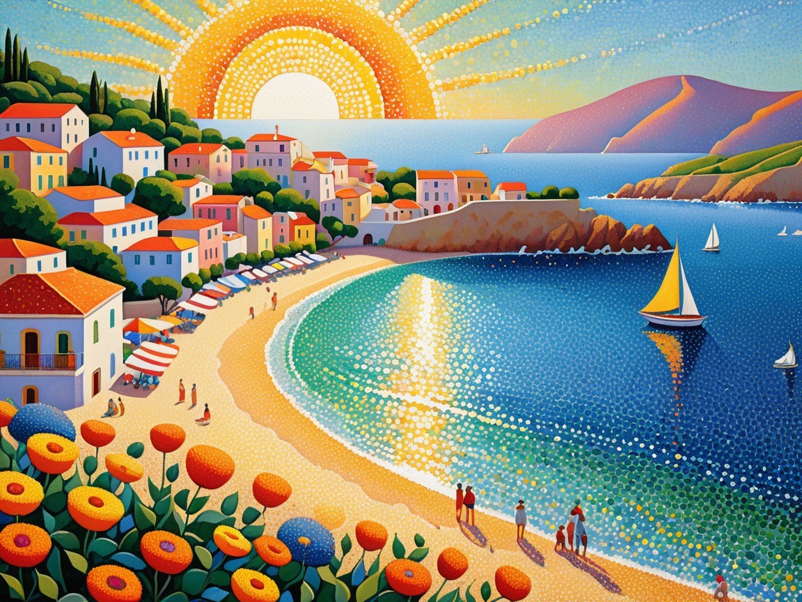 Vibrant Seaside Village at Sunset with Colorful Houses