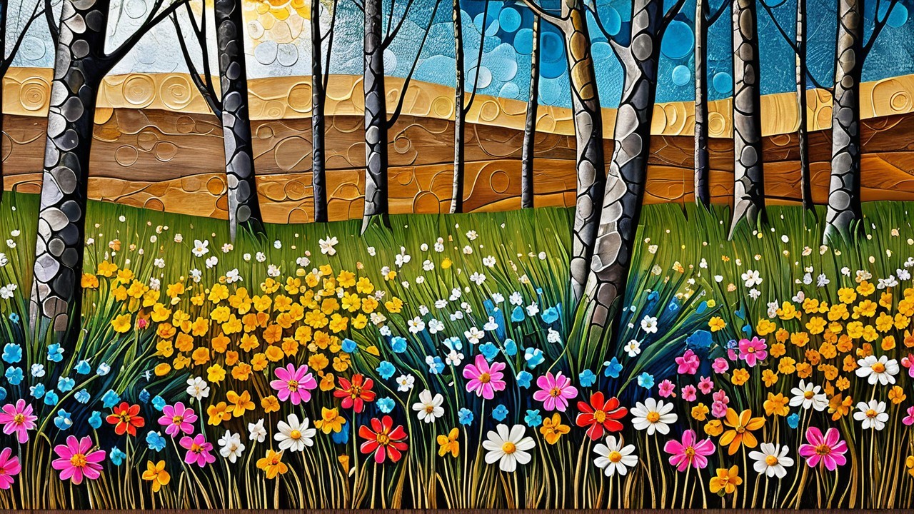 Vibrant Landscape with Colorful Flower Field and Trees