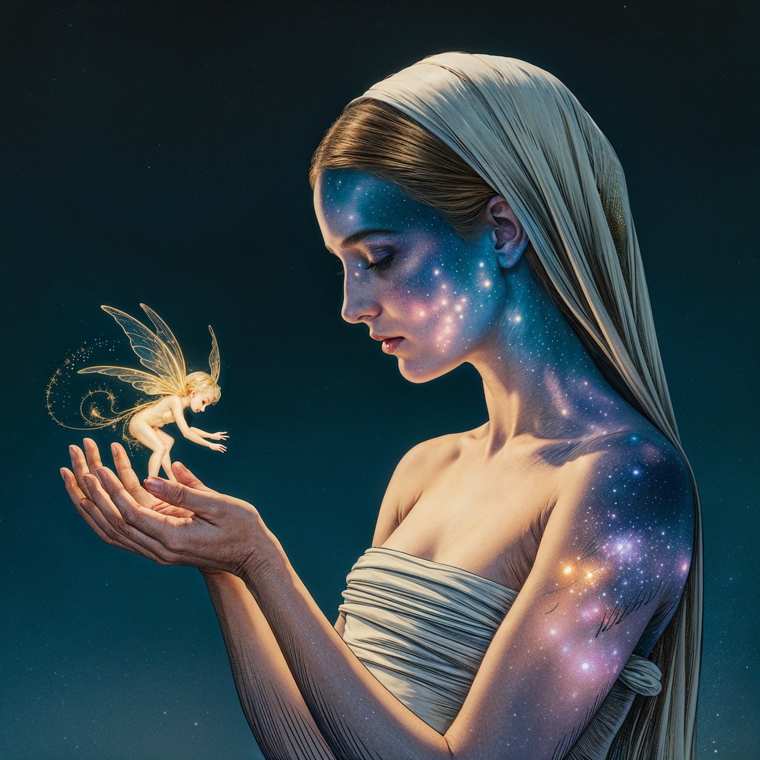 Celestial Woman with Galaxy Skin and Fairy in Hands