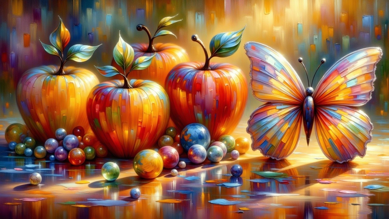 Vibrant Scene of Glossy Apples and Colorful Butterfly