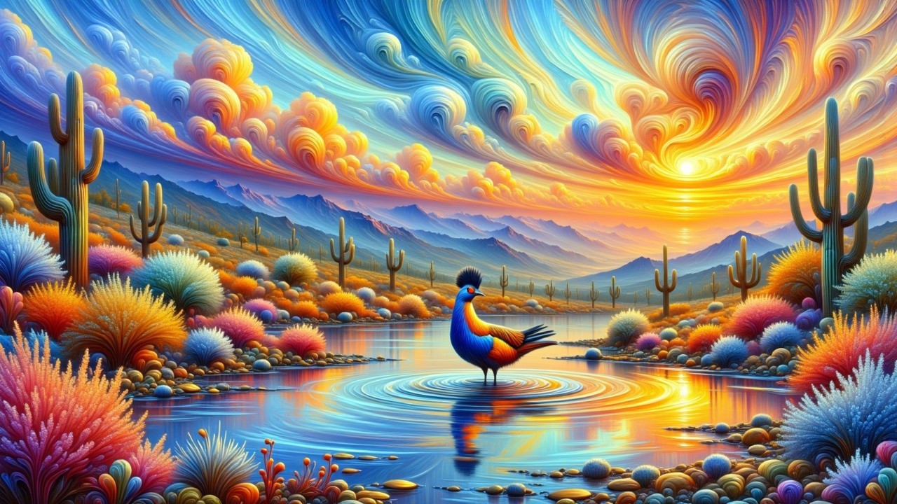 Surreal Landscape with Vibrant Skies and Lake