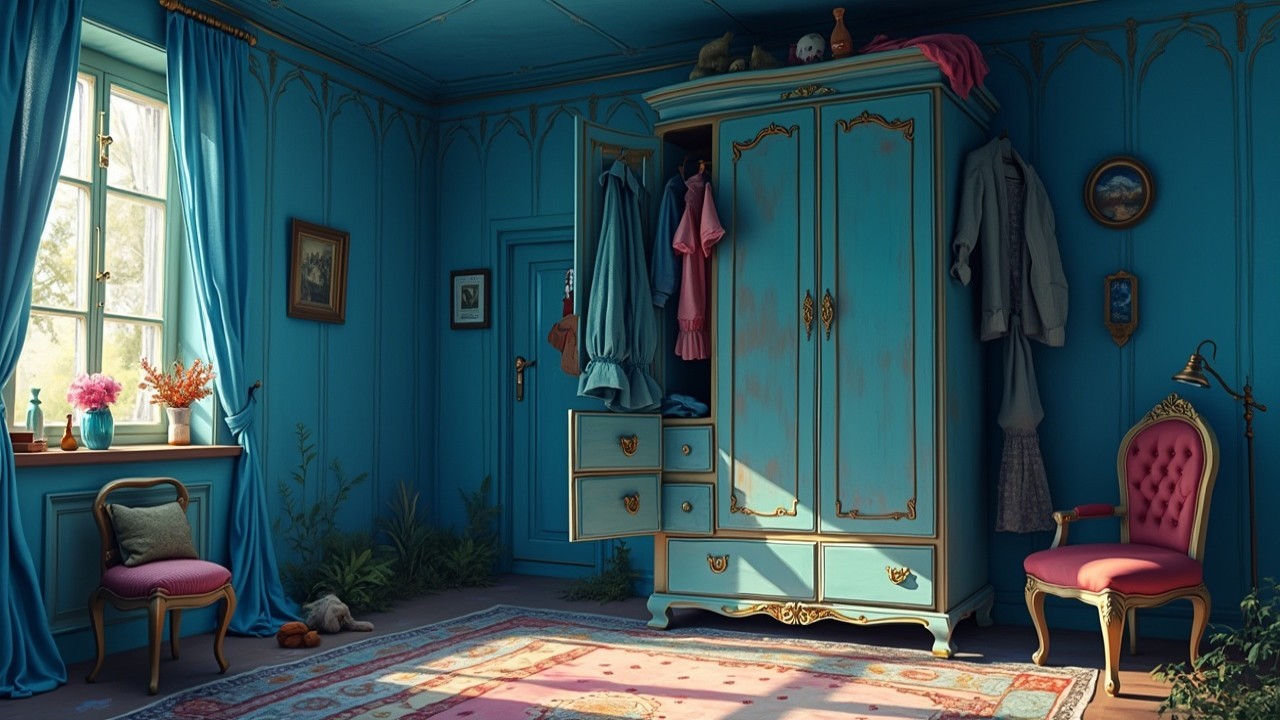 Charming Blue Room with Turquoise Wardrobe and Plants