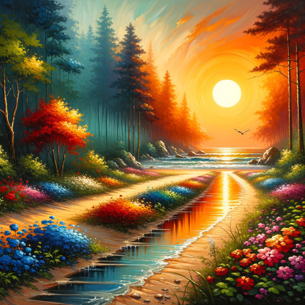 Serene sunset landscape with vibrant colors and flora
