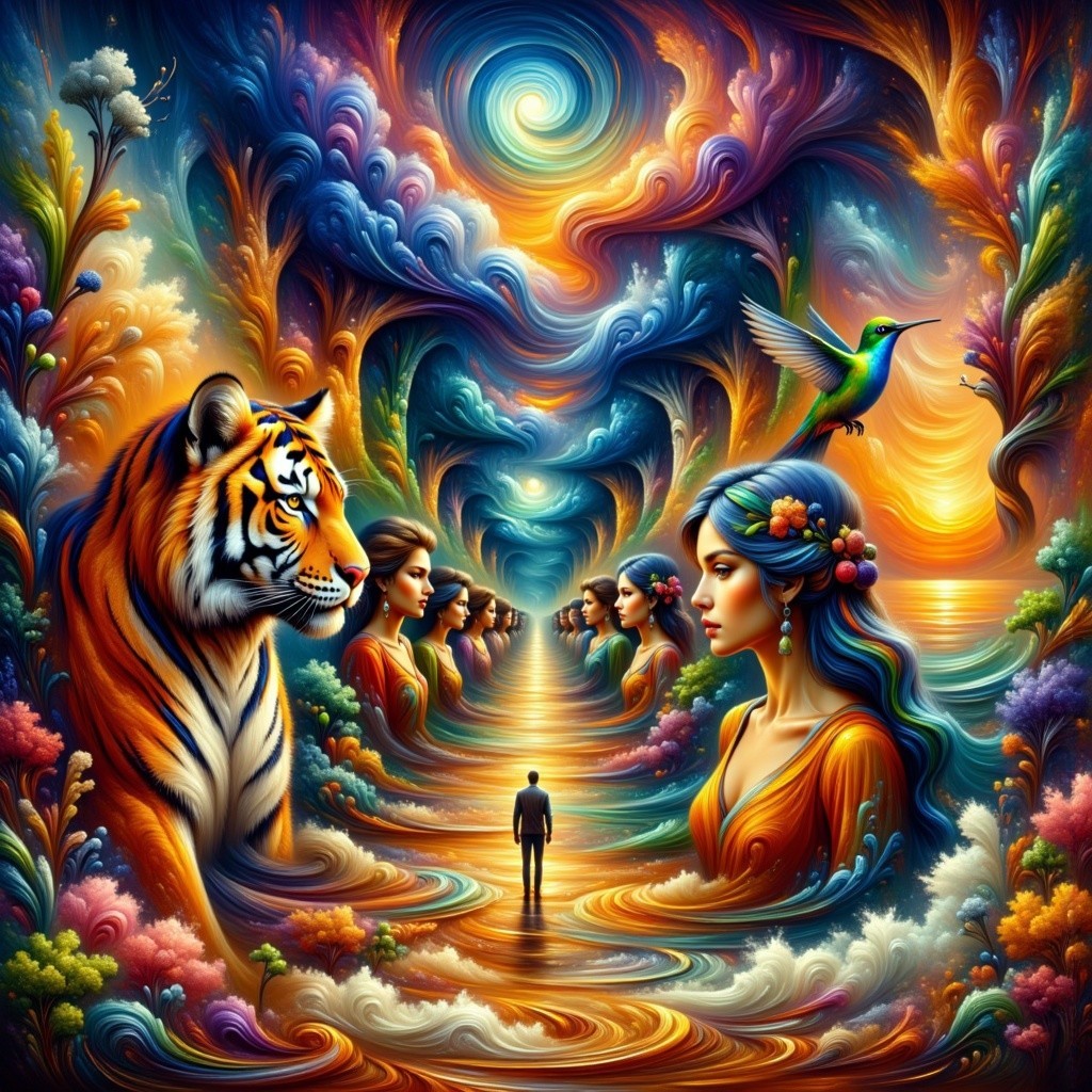 Surreal Landscape with Tiger, Hummingbird, and Figures