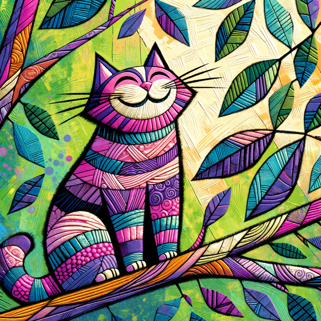 Whimsical Multicolored Cat Illustration on a Branch