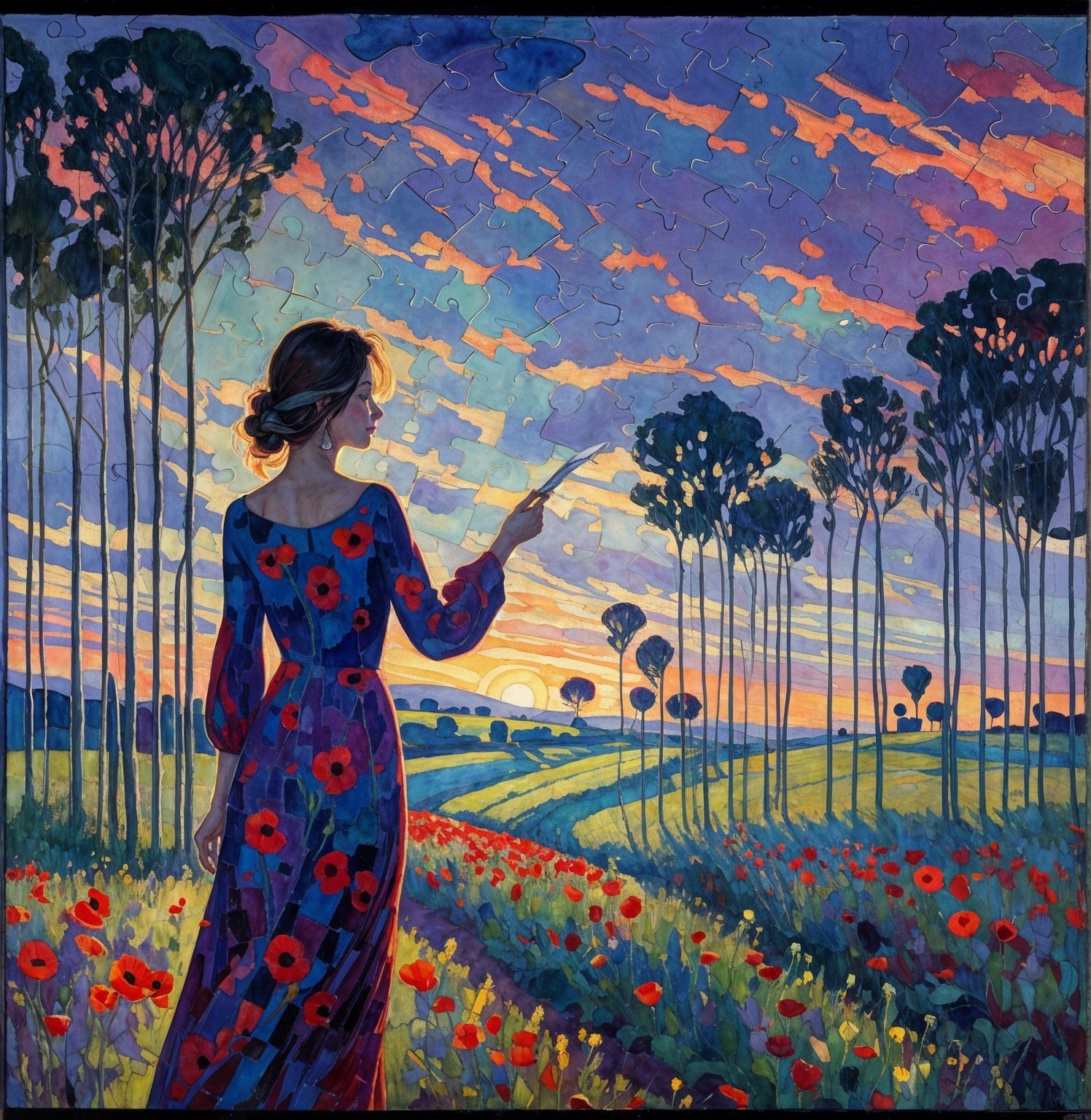 Woman in Floral Dress in Poppy Field at Sunset