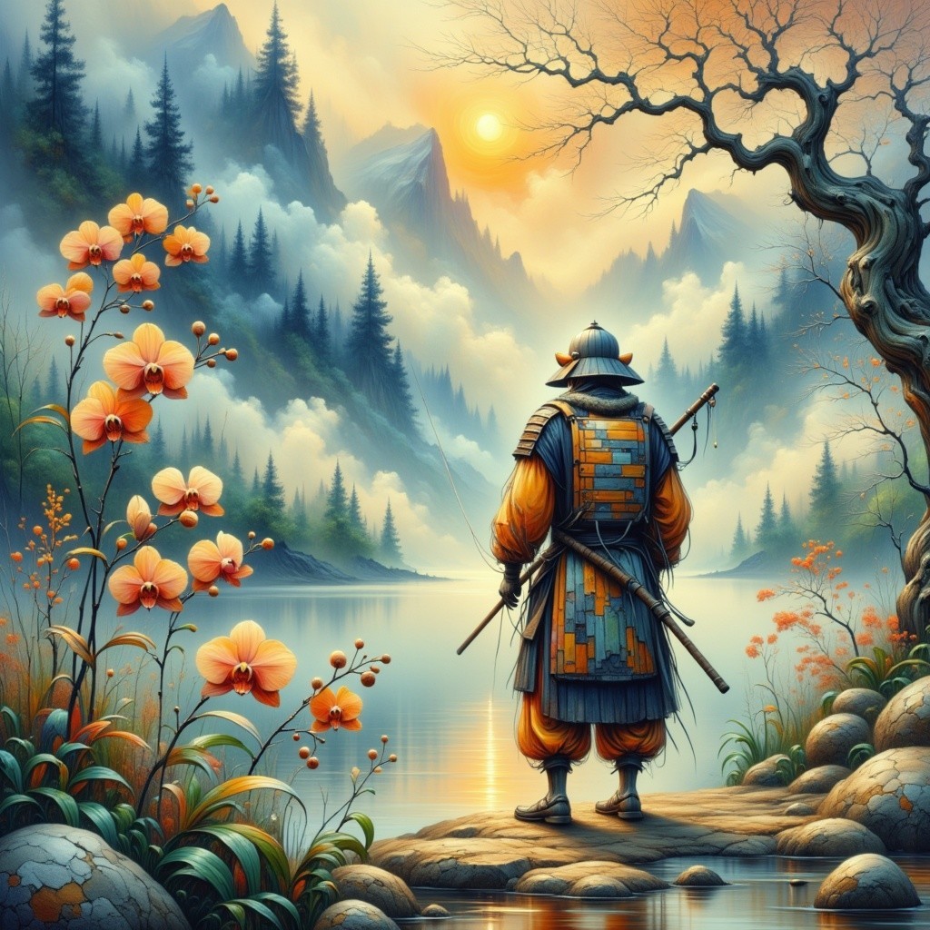 Serene Landscape with Samurai and Tranquil Lake