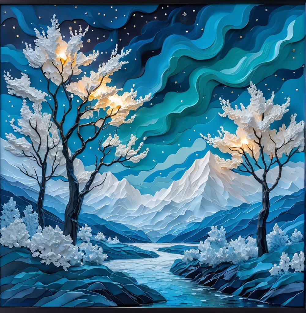 Serene winter landscape with frosty trees and auroras