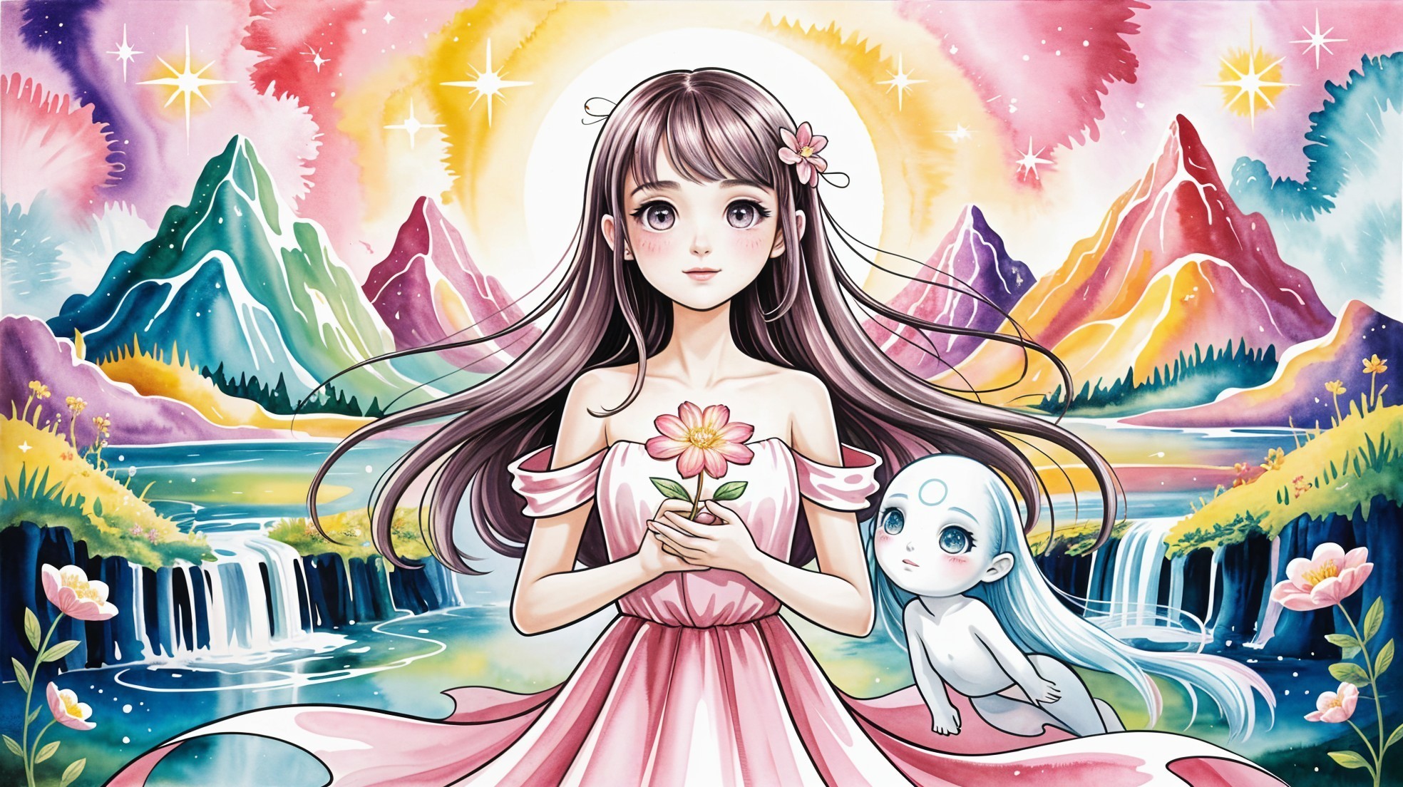 Young girl in pink dress in a vibrant dreamlike landscape