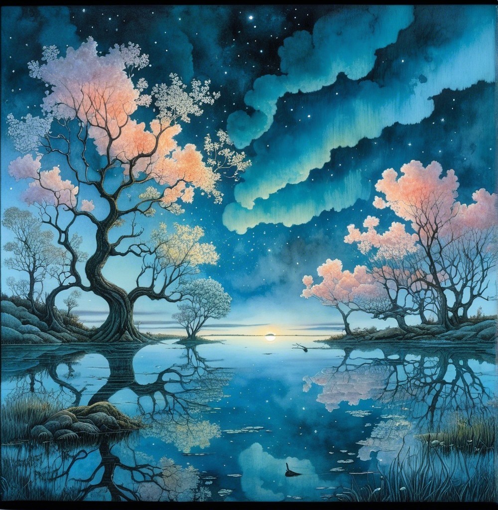 Serene Cherry Blossom Landscape with Northern Lights
