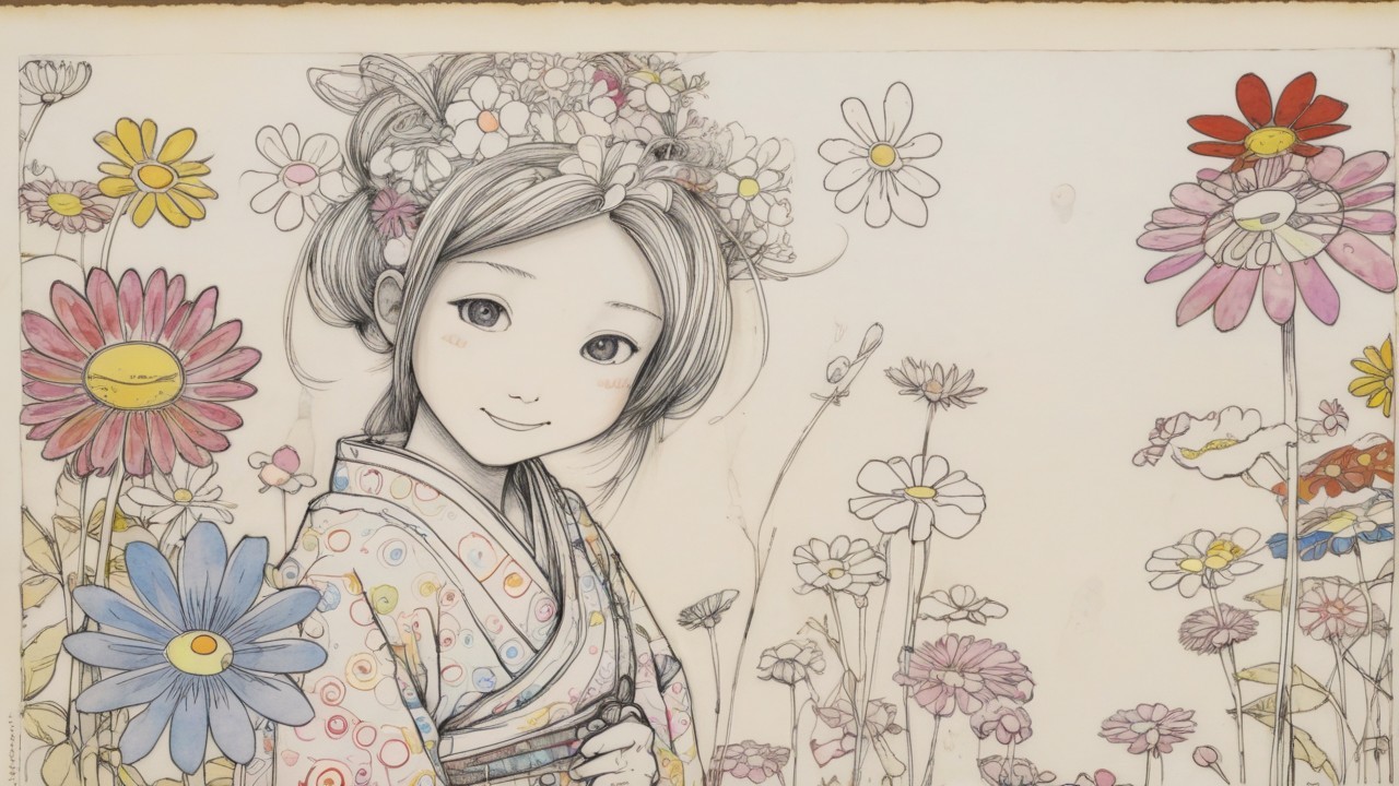 Young Girl in Kimono Surrounded by Flower Field