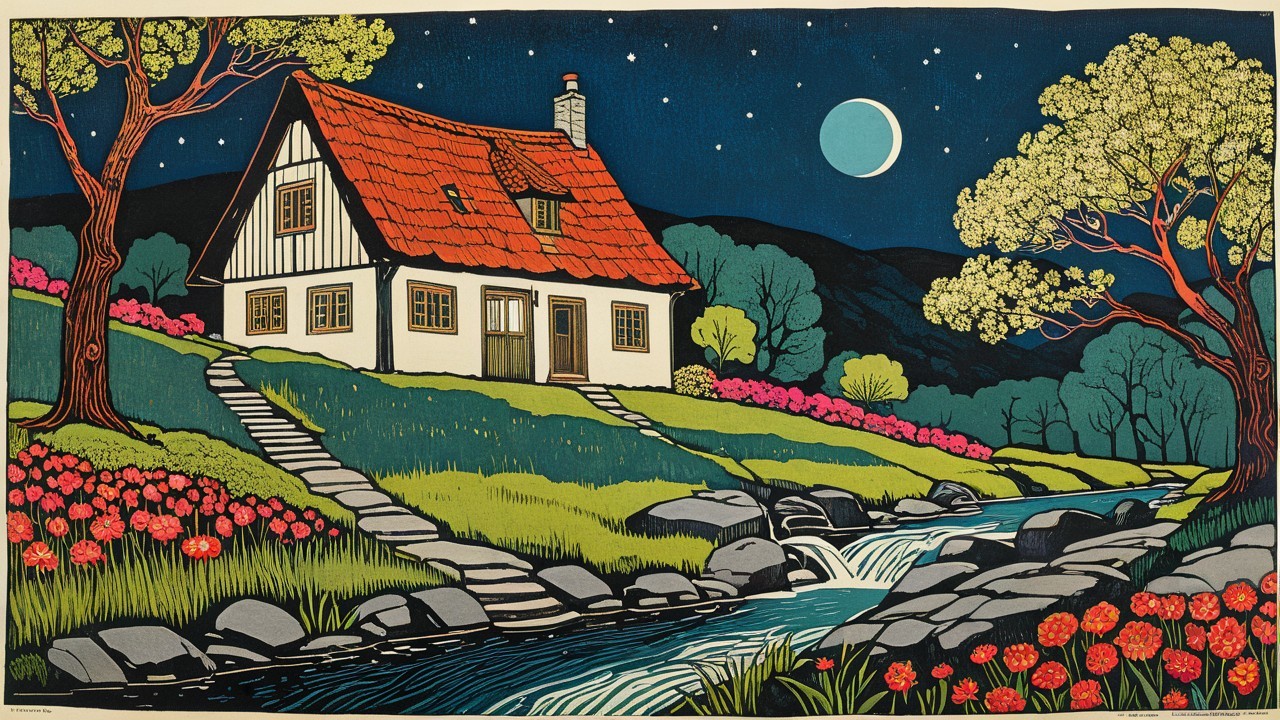 Cottage by Stream with Moonlit Night Sky and Flowers