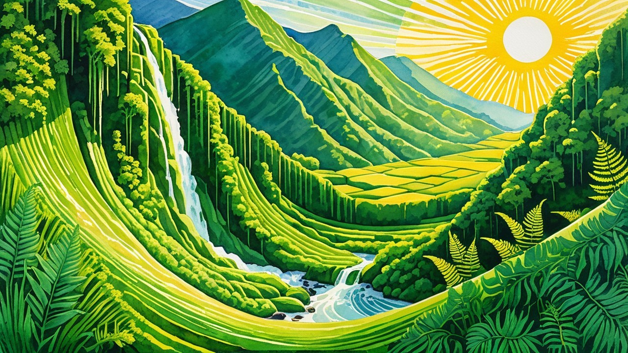 Vibrant Landscape with Waterfalls and Green Mountains