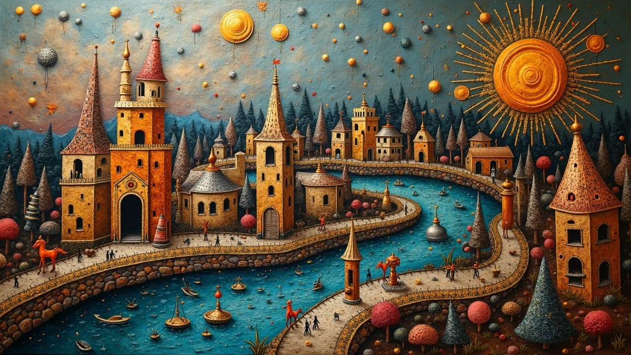 Whimsical Landscape with Colorful Castles and River