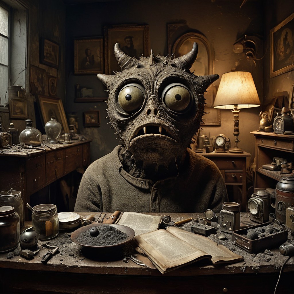 Creature with Horns in a Cluttered Vintage Room