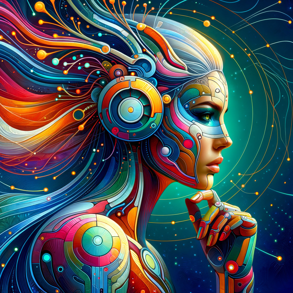 Futuristic Female Figure with Circuitry and Cosmic Background