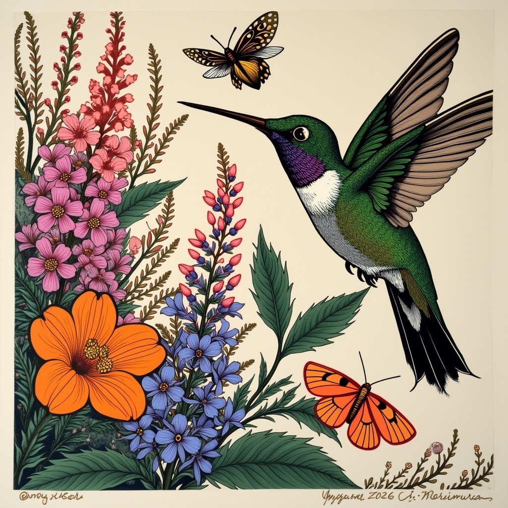 Vibrant Hummingbird and Butterflies in Nature Scene