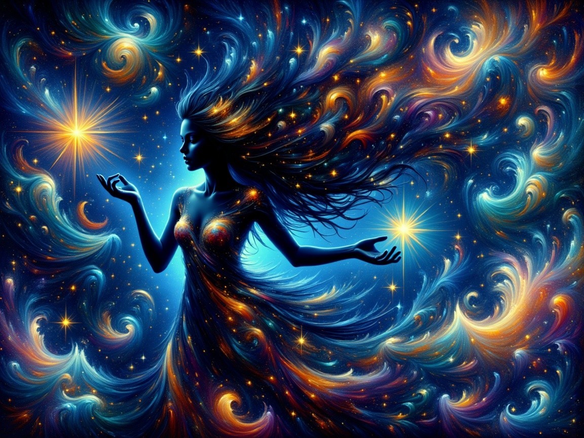Silhouetted Woman Against Cosmic Background with Stars