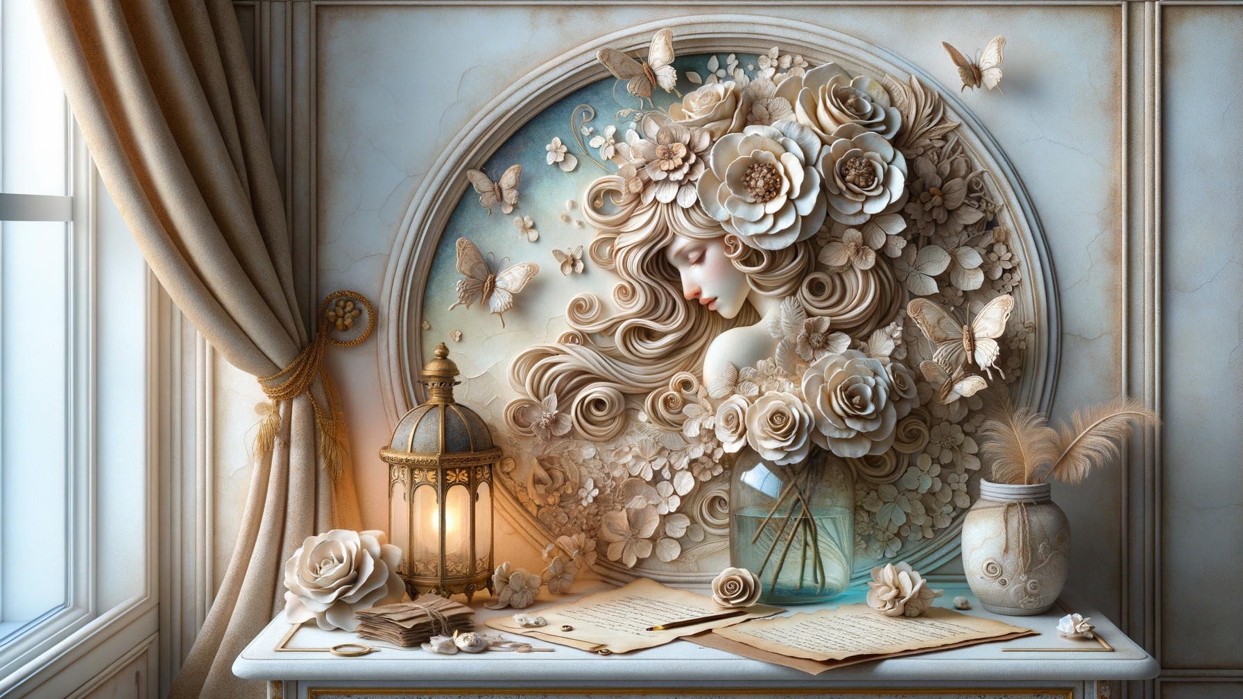 Serene Wall Relief with Floral Hair and Whimsical Decor