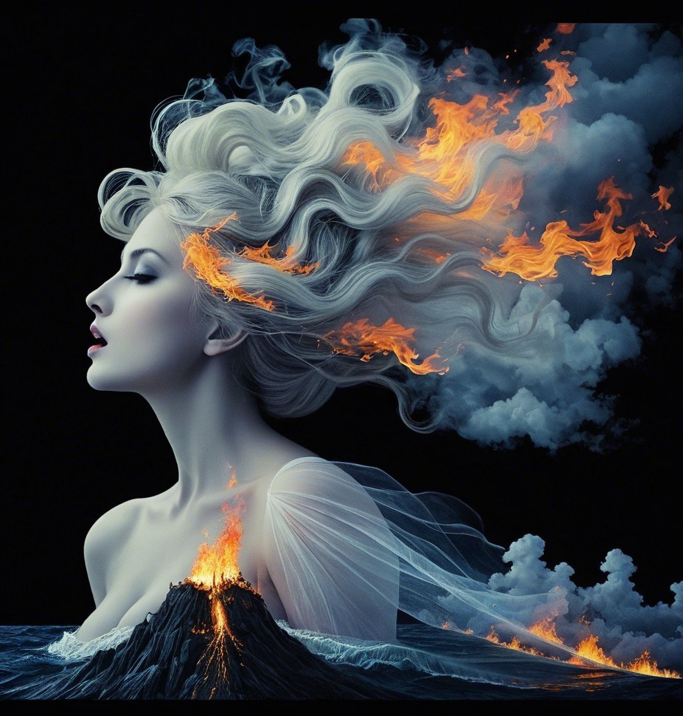 Surreal Portrait of Woman with Fiery Hair and Eruption