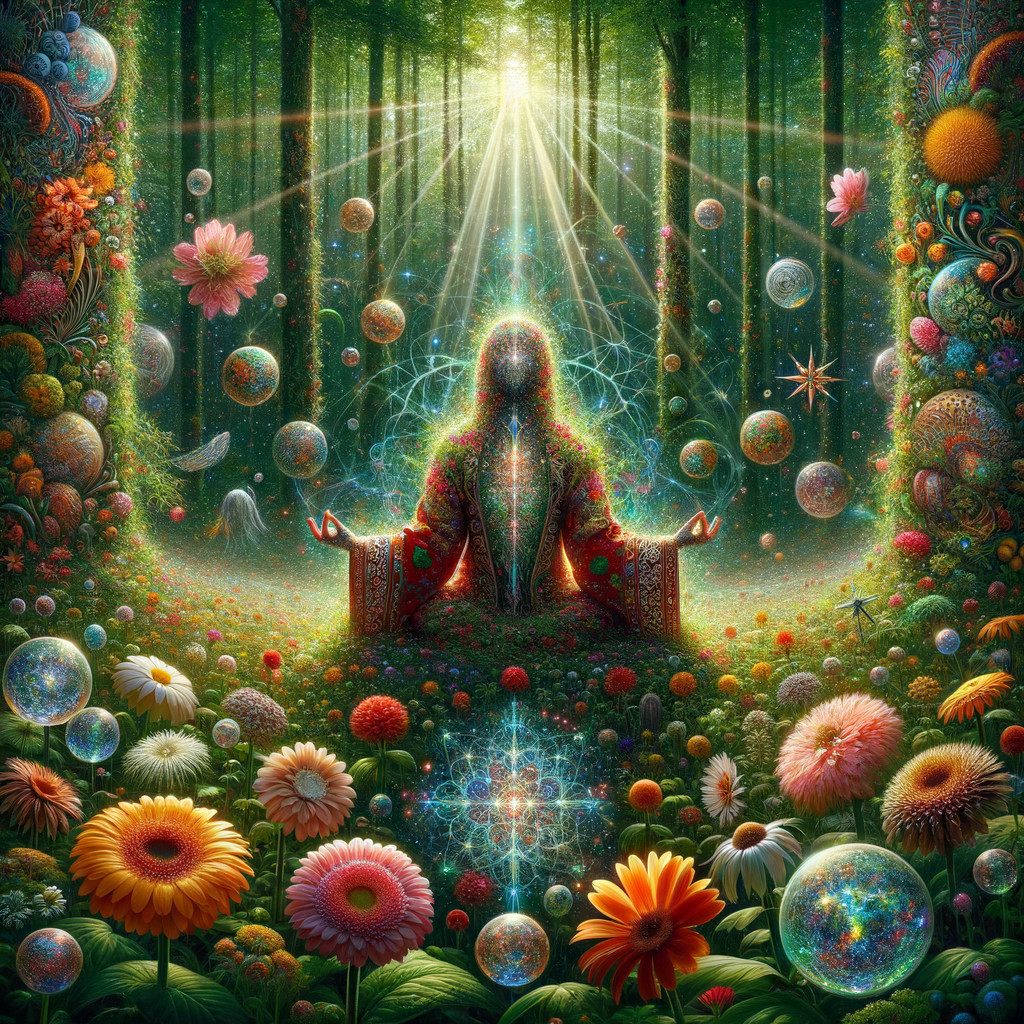 Meditative Figure in a Colorful Forest Setting