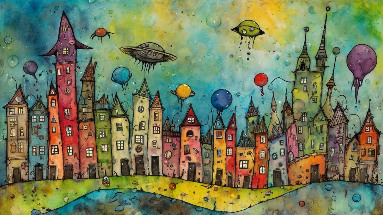 Whimsical Colorful Cityscape with UFOs and Balloons
