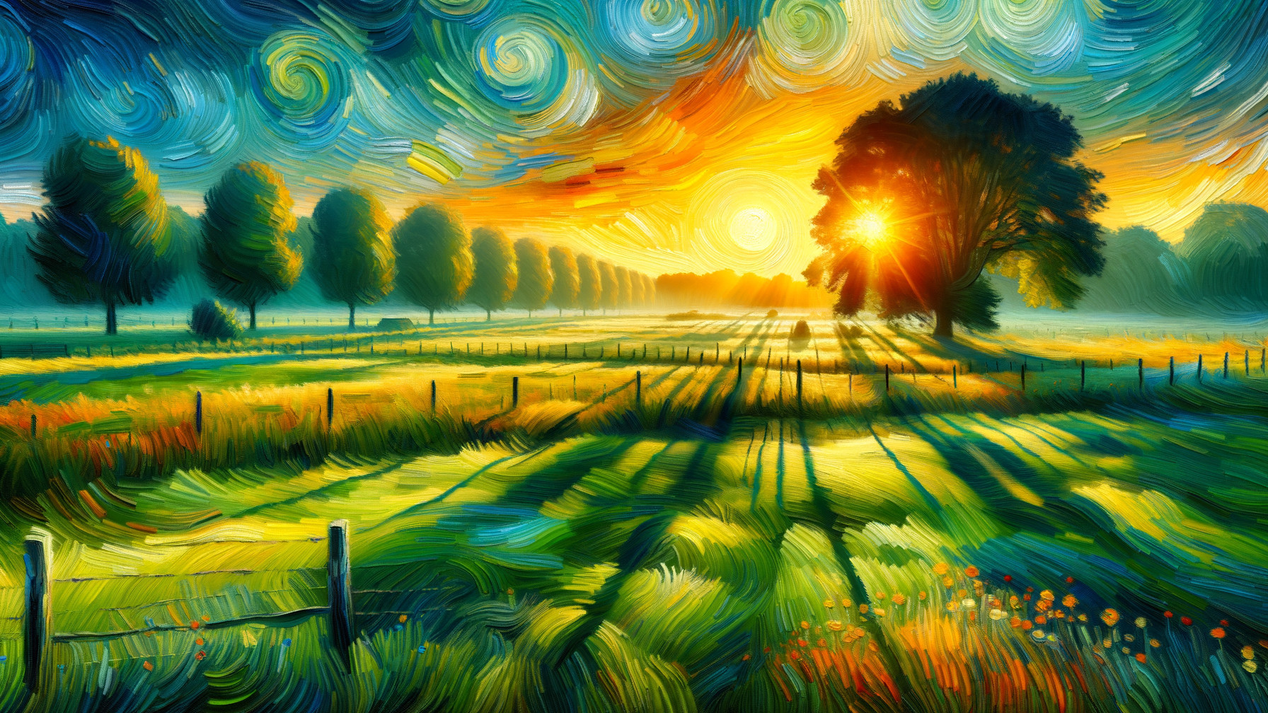 Vibrant Landscape with Golden Sunlight and Wildflowers