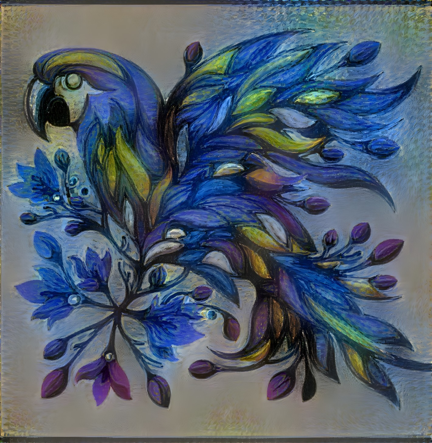 Vibrant Abstract Parrot with Lush Foliage and Flowers