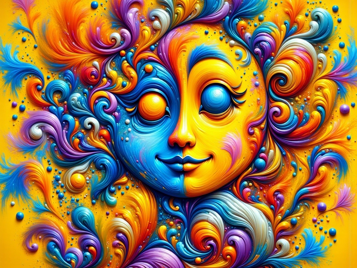 Vibrant Sun Face with Colorful Swirls and Orbs