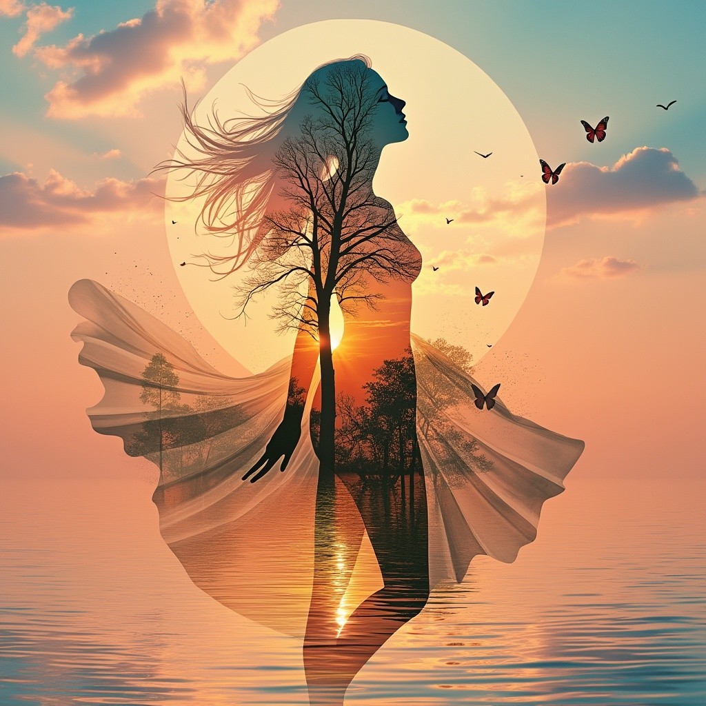 Silhouette of Woman with Sunset and Nature Elements