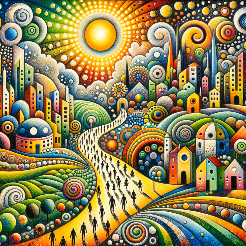 Vibrant Landscape with Whimsical Buildings and Patterns