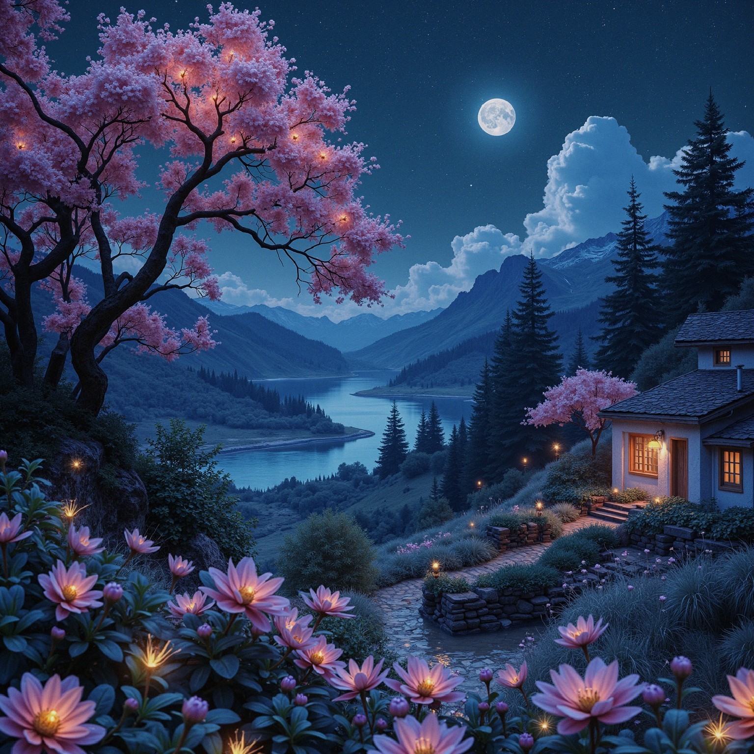 Tranquil Nighttime Landscape with River and Blossoms