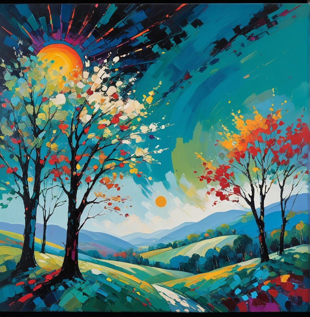 Vibrant landscape painting with colorful trees and hills