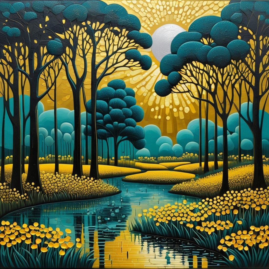 Vibrant Landscape with River and Yellow Flower Fields
