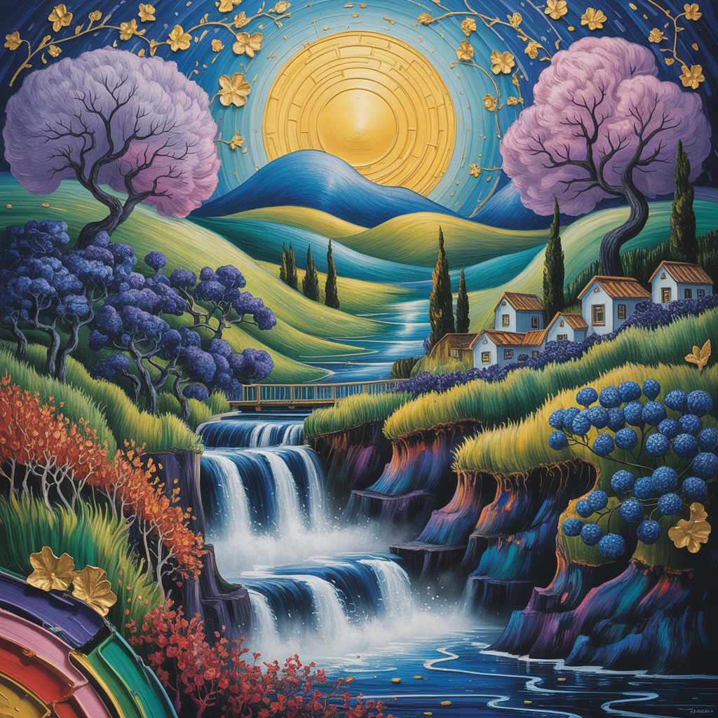 Vibrant Landscape with Waterfalls and Cherry Blossoms
