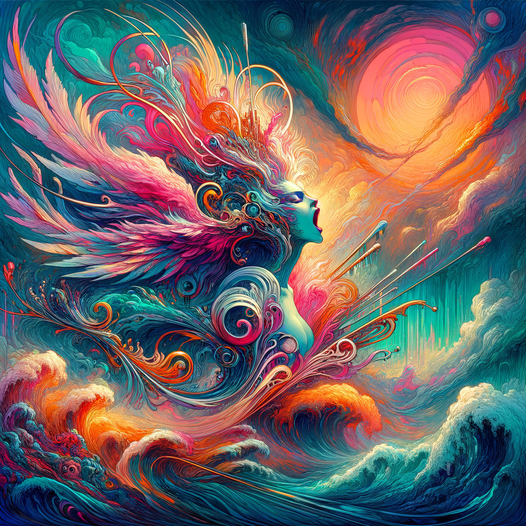 Ethereal Figure with Colorful Wings and Sunset Background