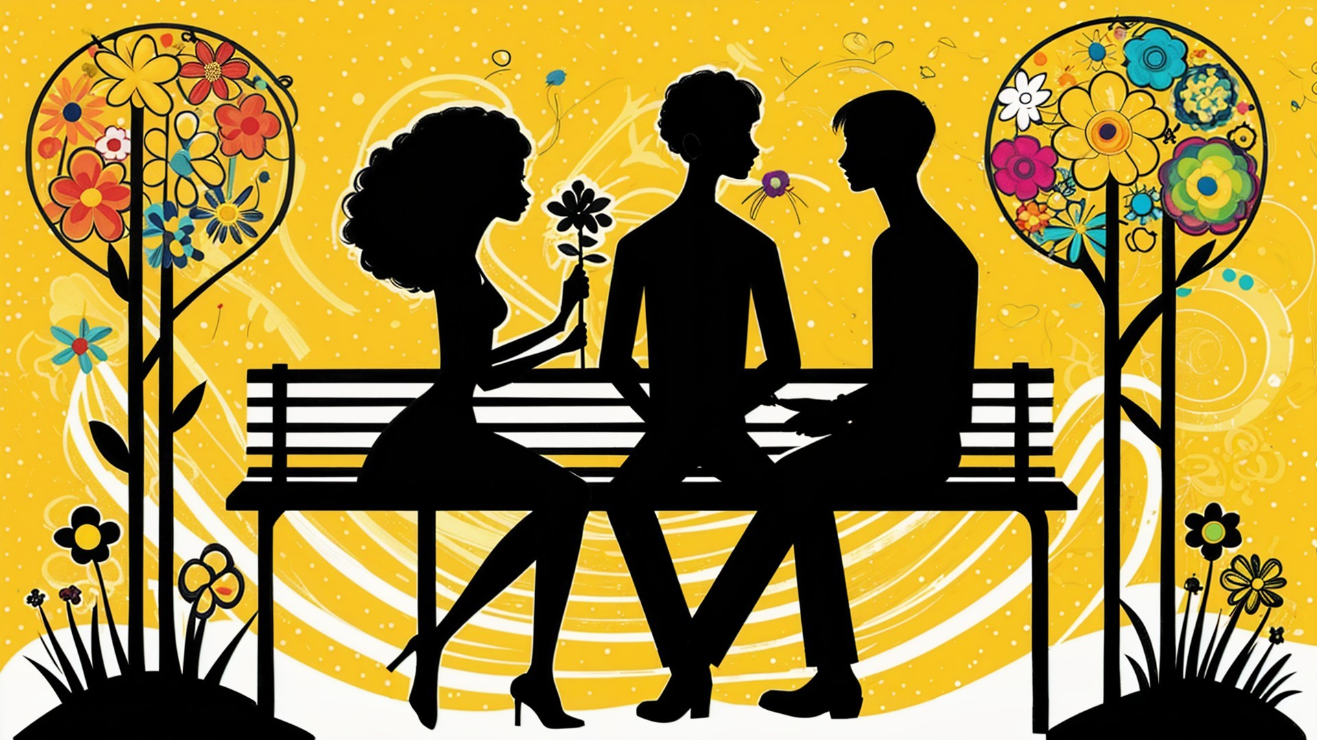 Silhouetted Scene of Woman and Two Men in Nature