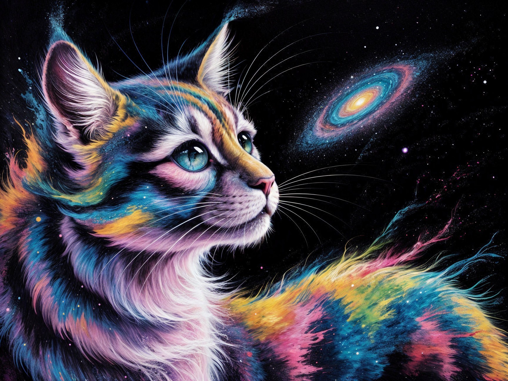 Cosmic Cat with Colorful Fur in Starry Galaxy Background