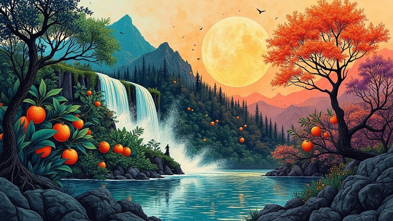 Vibrant Fantasy Landscape with Glowing Moon and Waterfalls