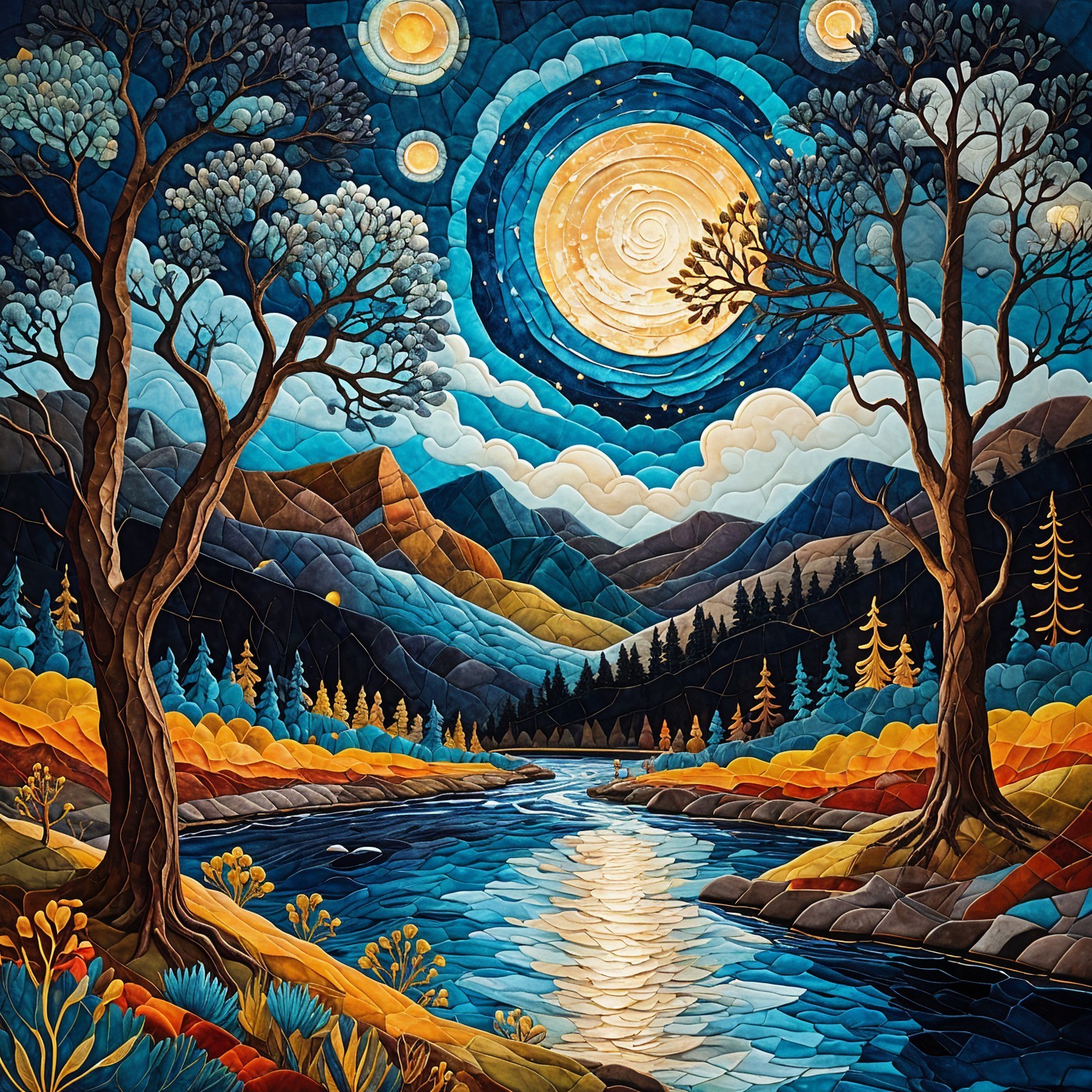 Vibrant Landscape with River and Starry Sky