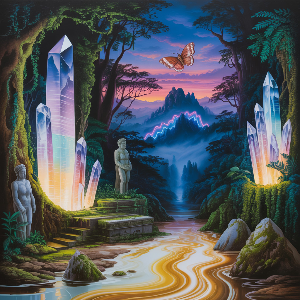 Mystical Twilight Forest with Crystal Formations and Statues