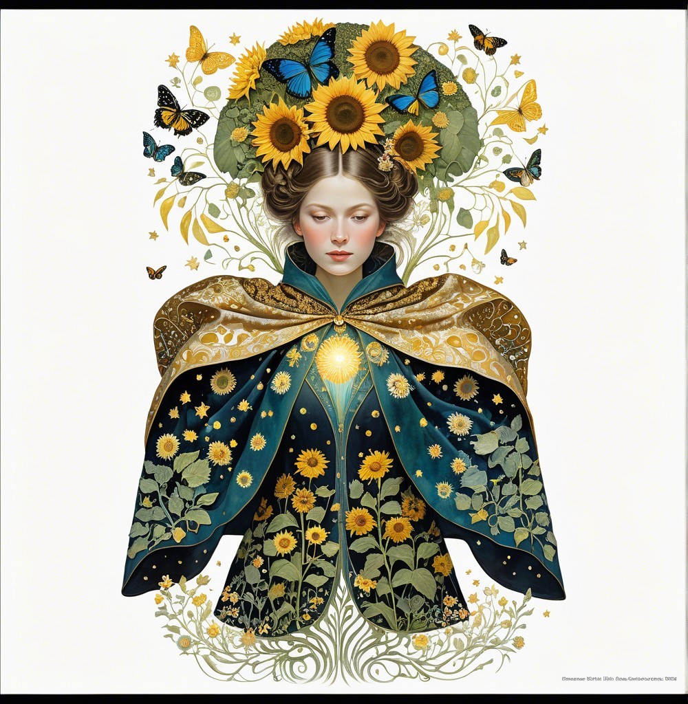 Serene figure with floral headdress and intricate cloak