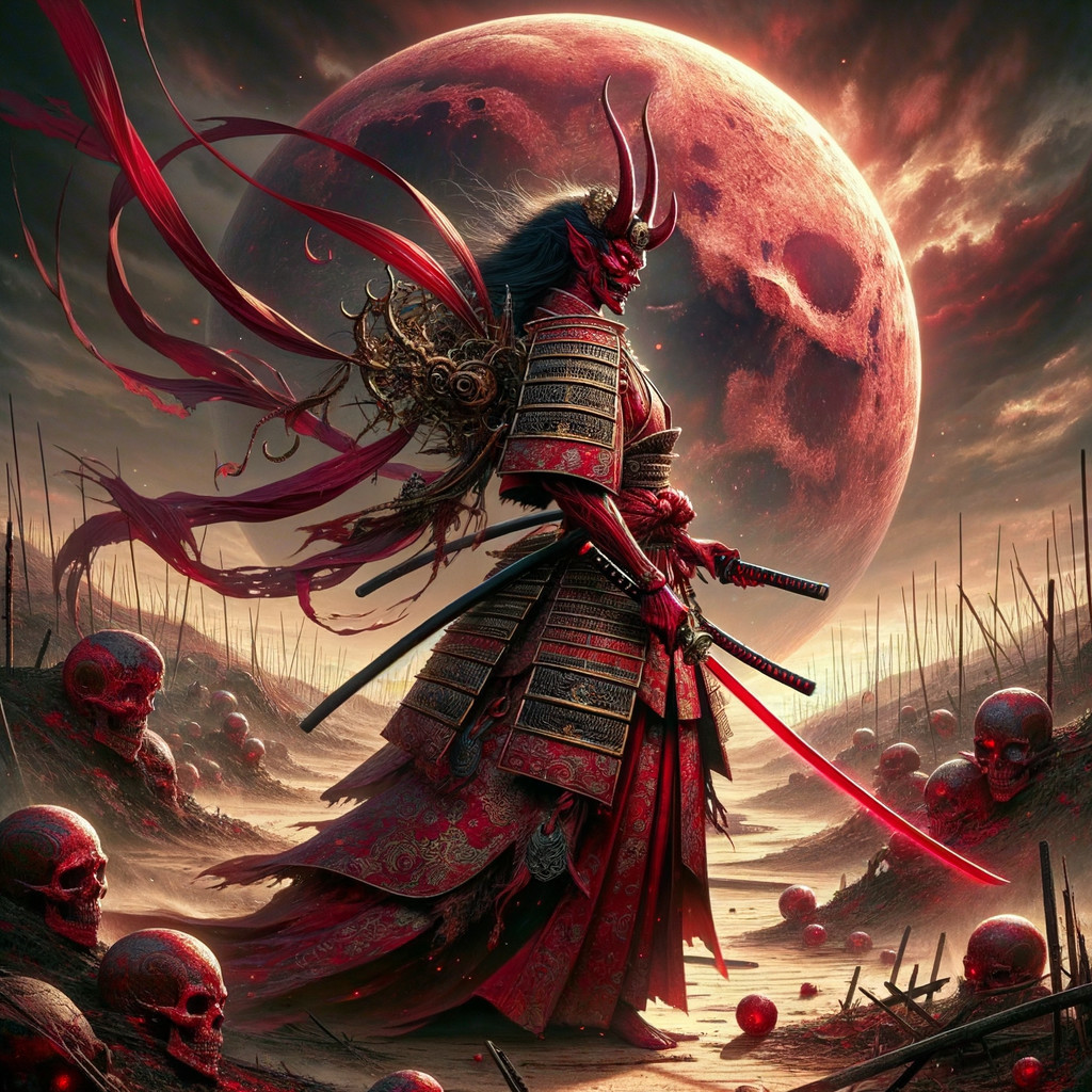 Fierce Warrior in Red Armor Against Blood-Red Moon