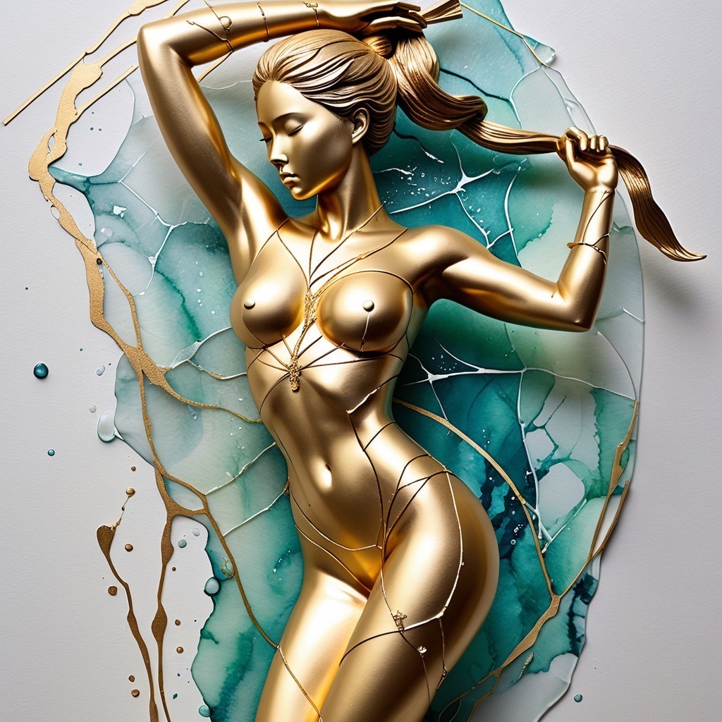 Golden Female Sculpture Against Aqua Artwork