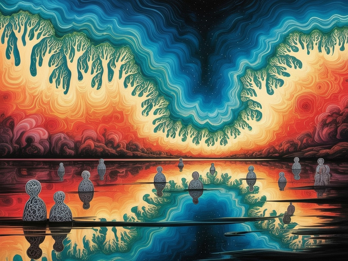Surreal Landscape with Vibrant Dusk Colors and Silhouettes