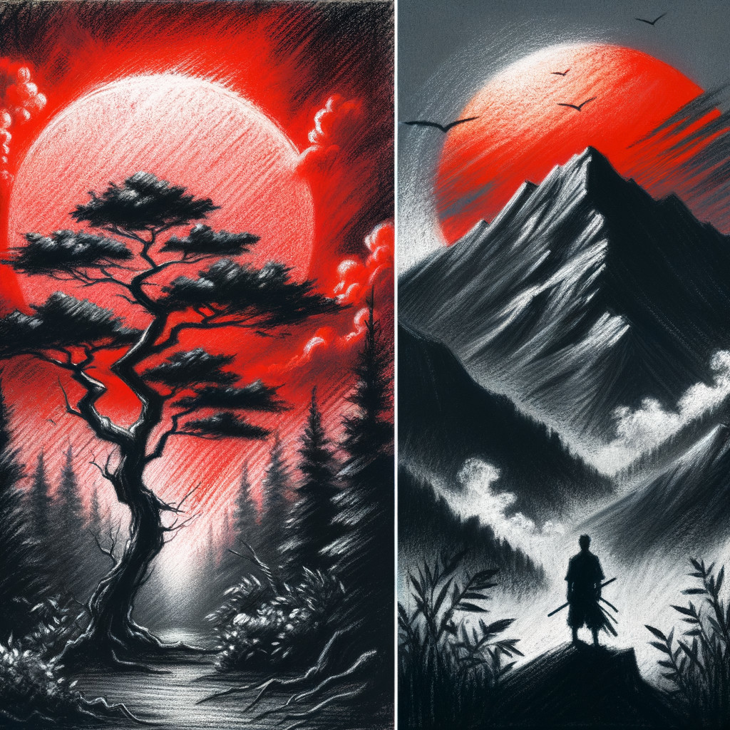 Split Scene of Forest and Mountain Landscape with Figure