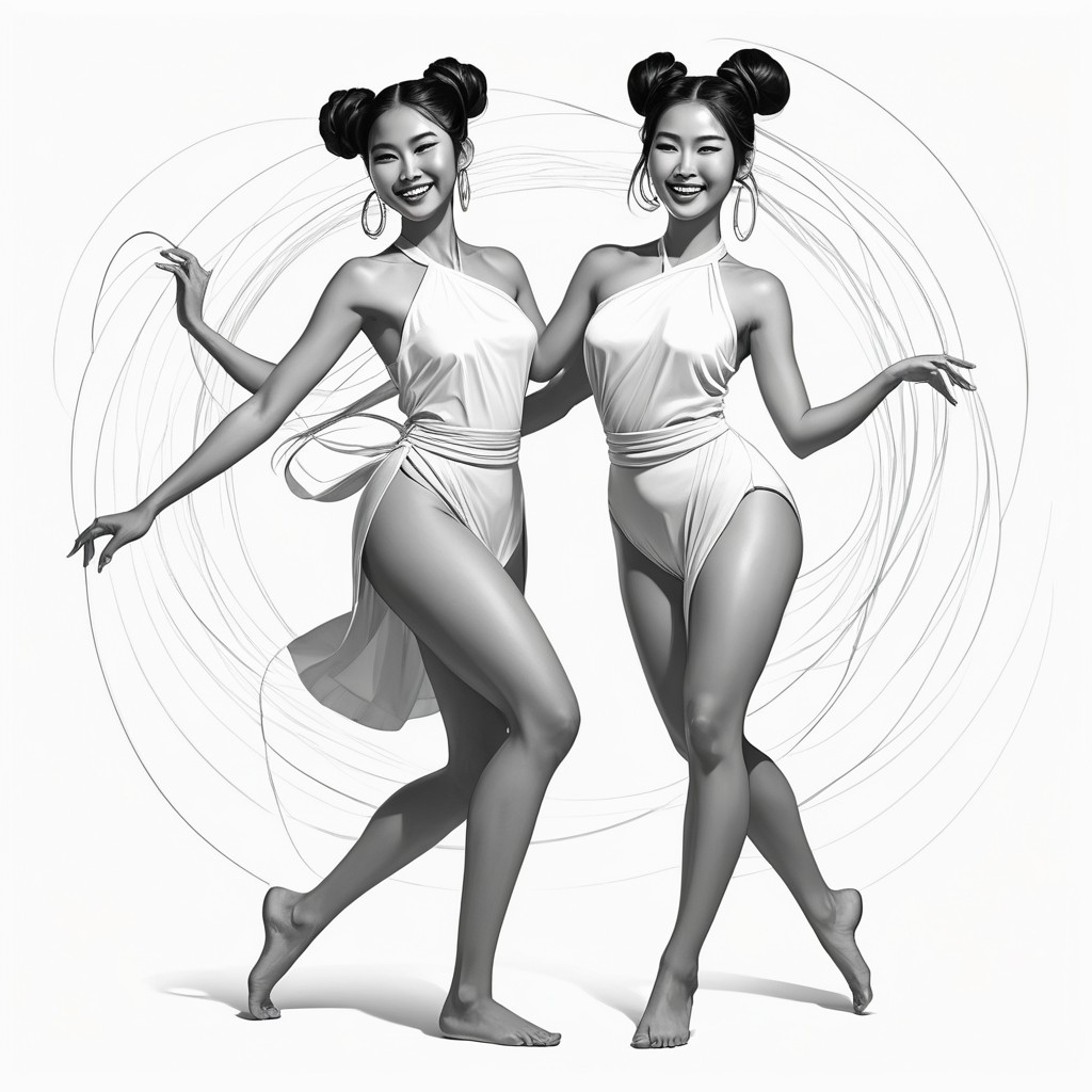 Stylish Women in Matching White Outfits with Dance Moves