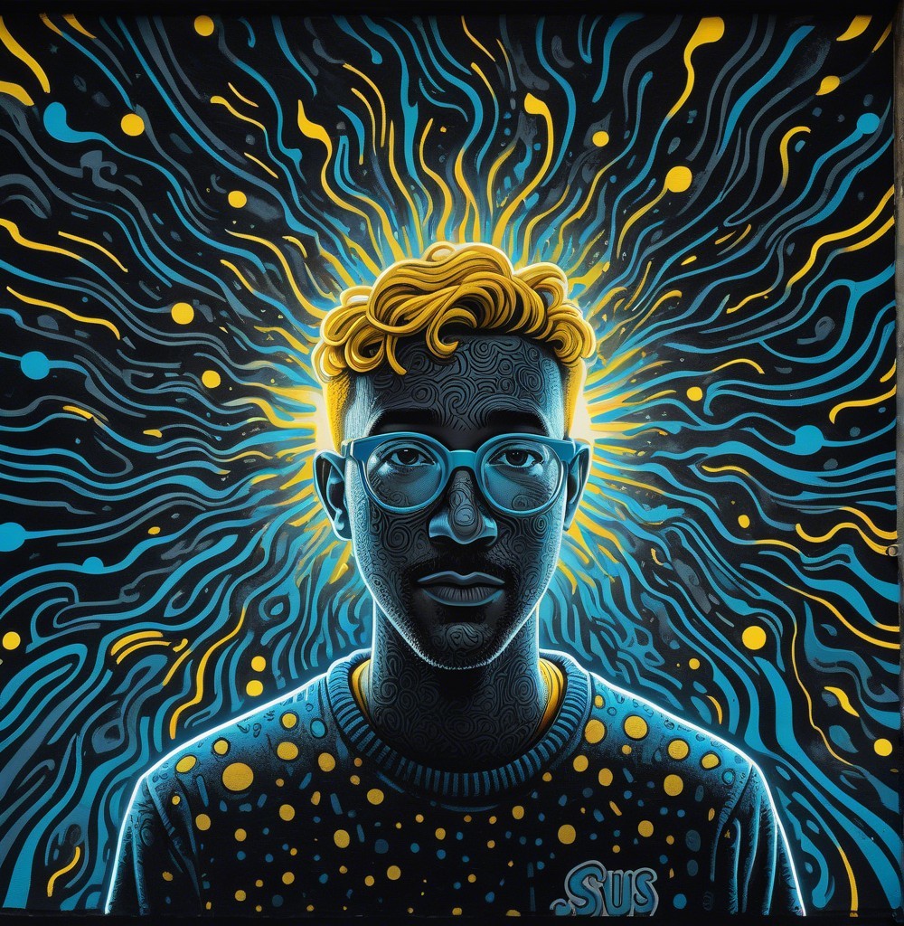 Stylized portrait of a young man with vibrant patterns