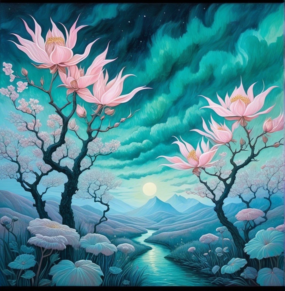 Serene Landscape with Lotus Flowers and Twilight Sky